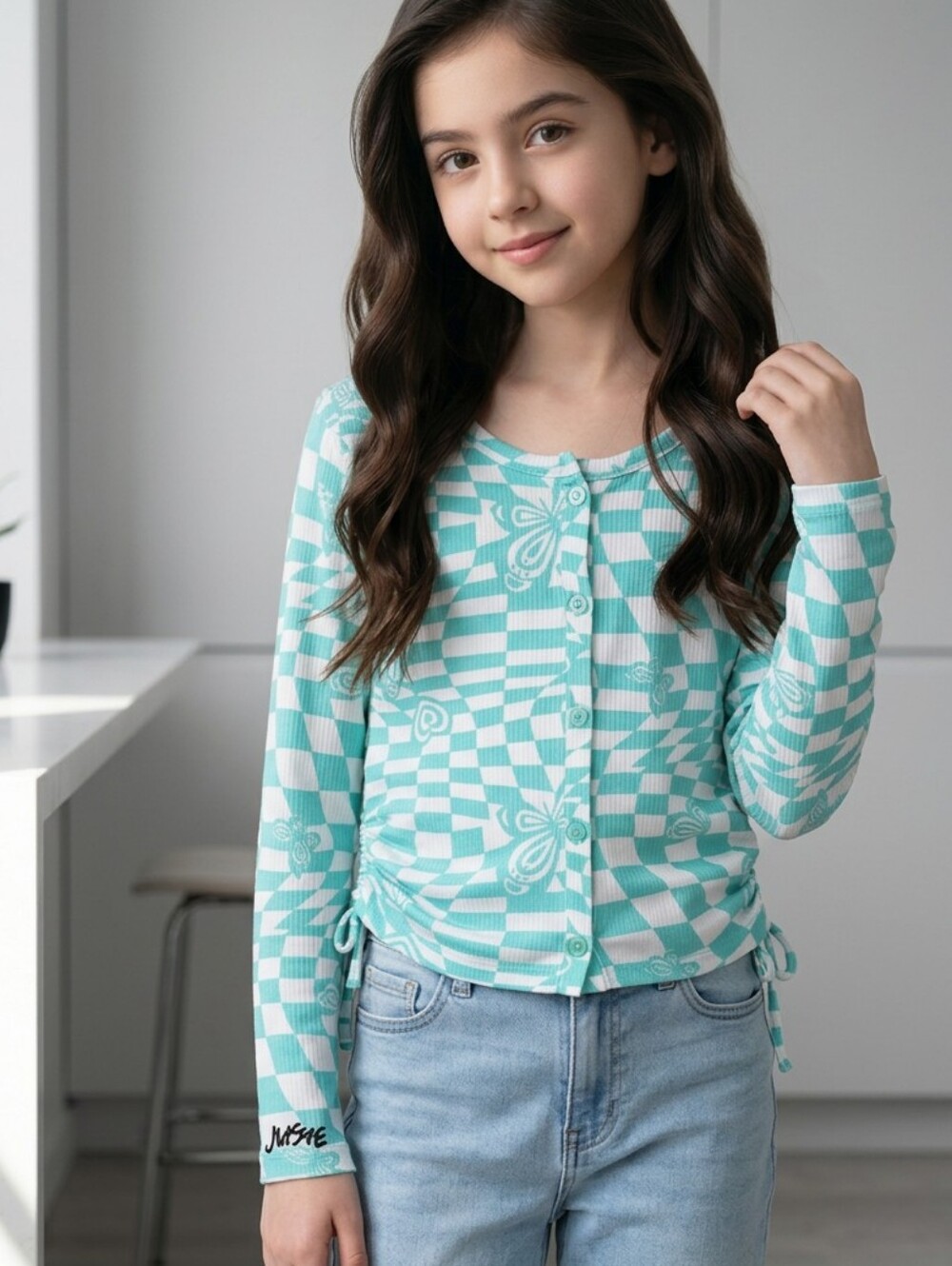 Justice Girls 7/8 Butterfly Checkered Ruched Top Seafoam Y2K Ribbed Button Front